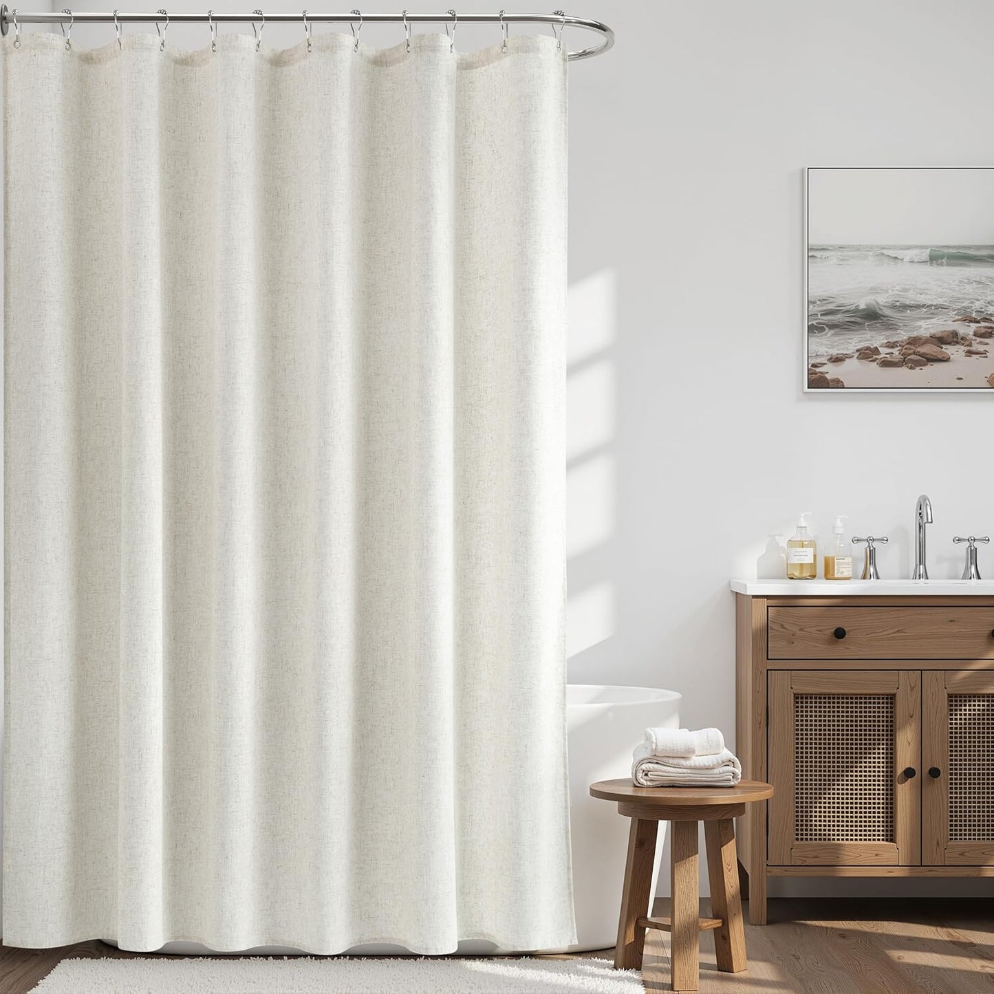 Naturoom Weighted Natural Flax Linen Shower Curtain Set