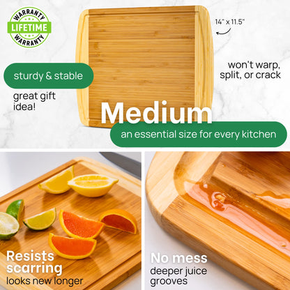 Wooden cutting board with text highlighting features on a white background