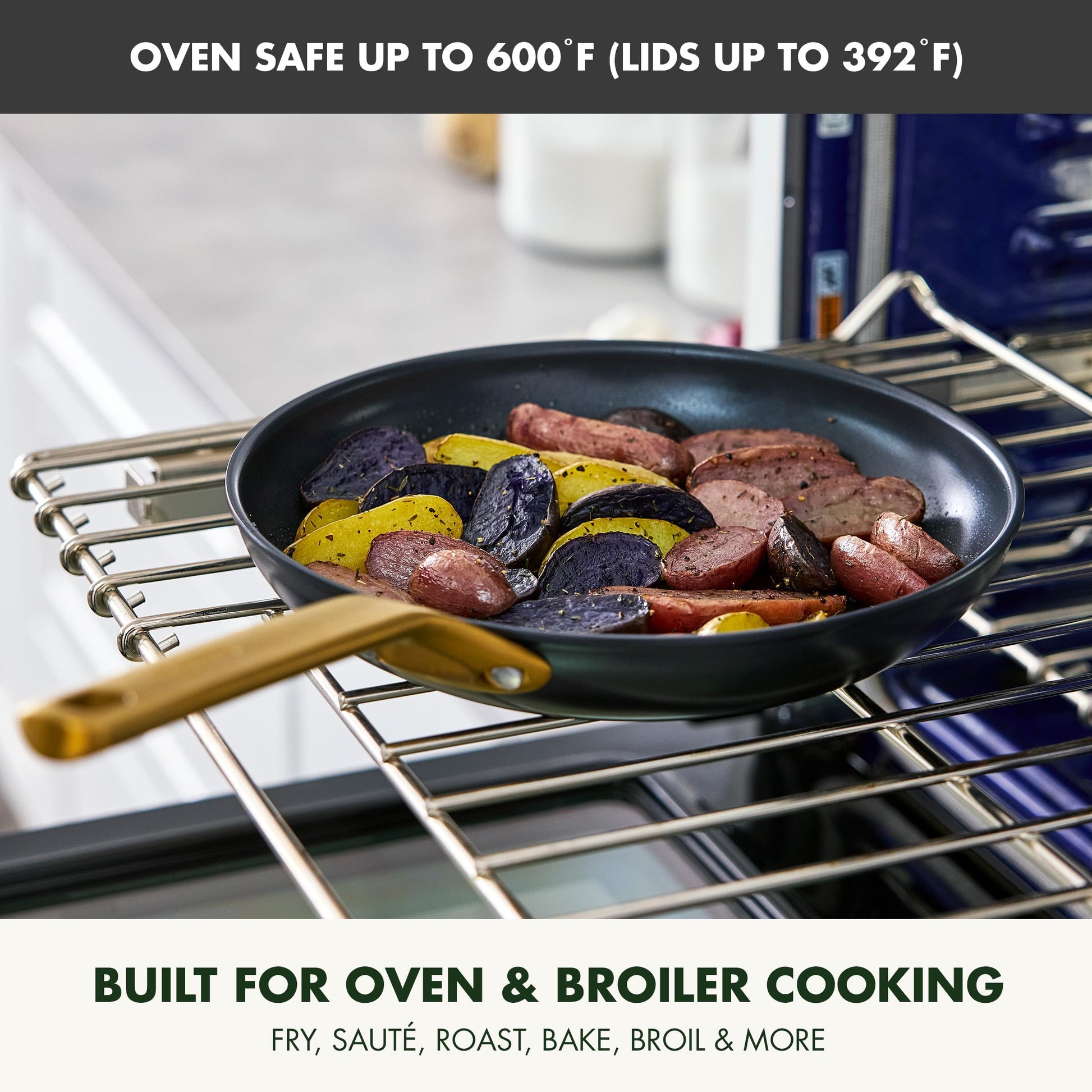 Frying pan with sausages and vegetables on a rack, oven safe up to 600°F.