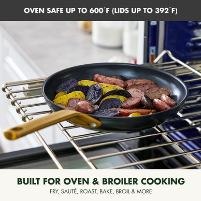Frying pan with sausages and vegetables on a rack, oven safe up to 600°F.