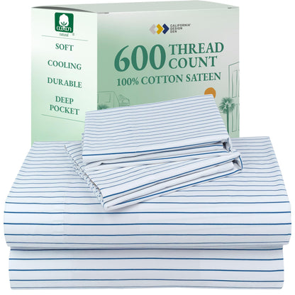 California Design Den 100% Cotton Sateen Sheets: 600 TC Luxury Set