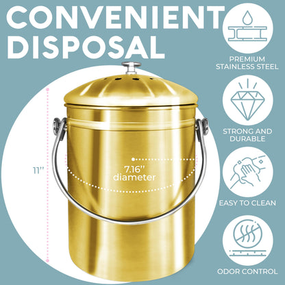EPICA Countertop Compost Bin – 1.3 Gallon Stainless Steel, Toxin‑Free & Odorless