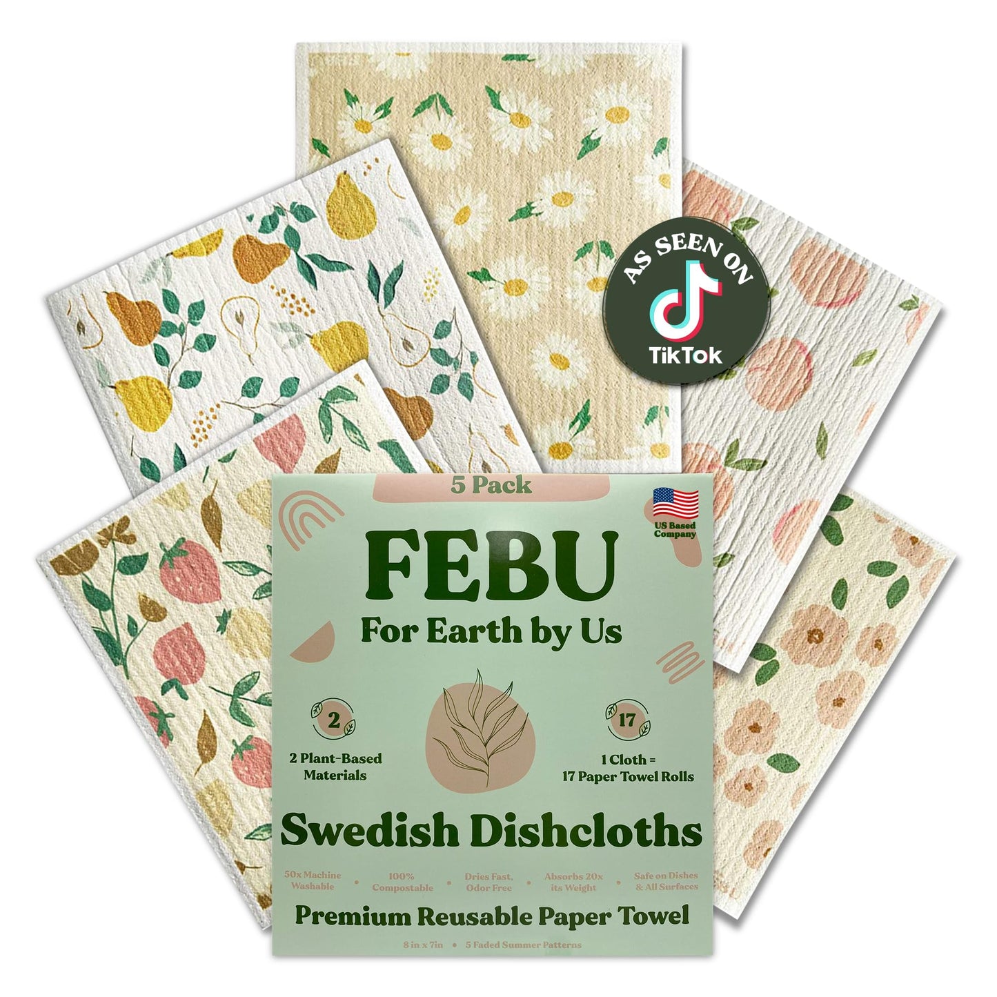 FEBU Swedish Dishcloths – 5 Pack Biodegradable Cotton‑Cellulose Cleaning Cloths