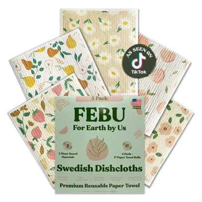 FEBU Swedish Dishcloths – 5 Pack Biodegradable Cotton‑Cellulose Cleaning Cloths