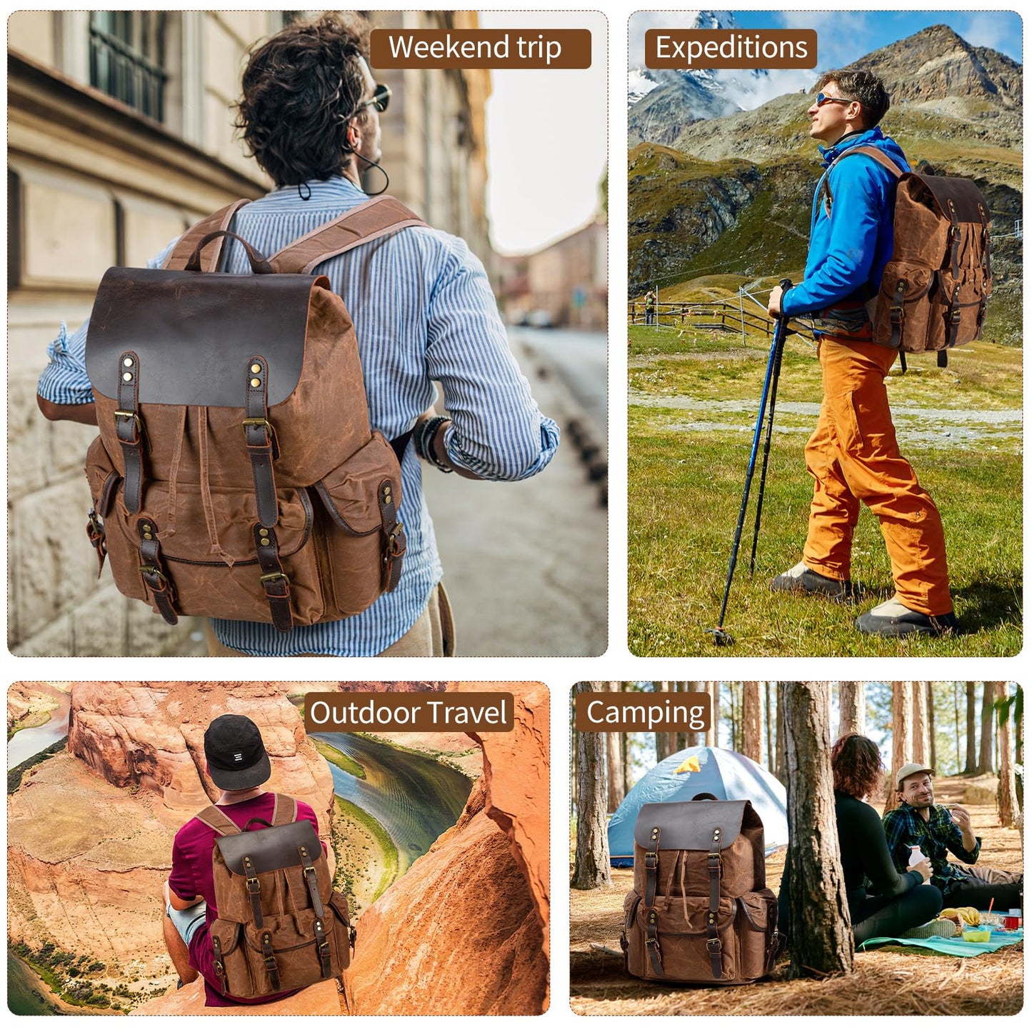 Wogarl Vintage Waxed Canvas & Genuine Crazy Horse Leather Backpack