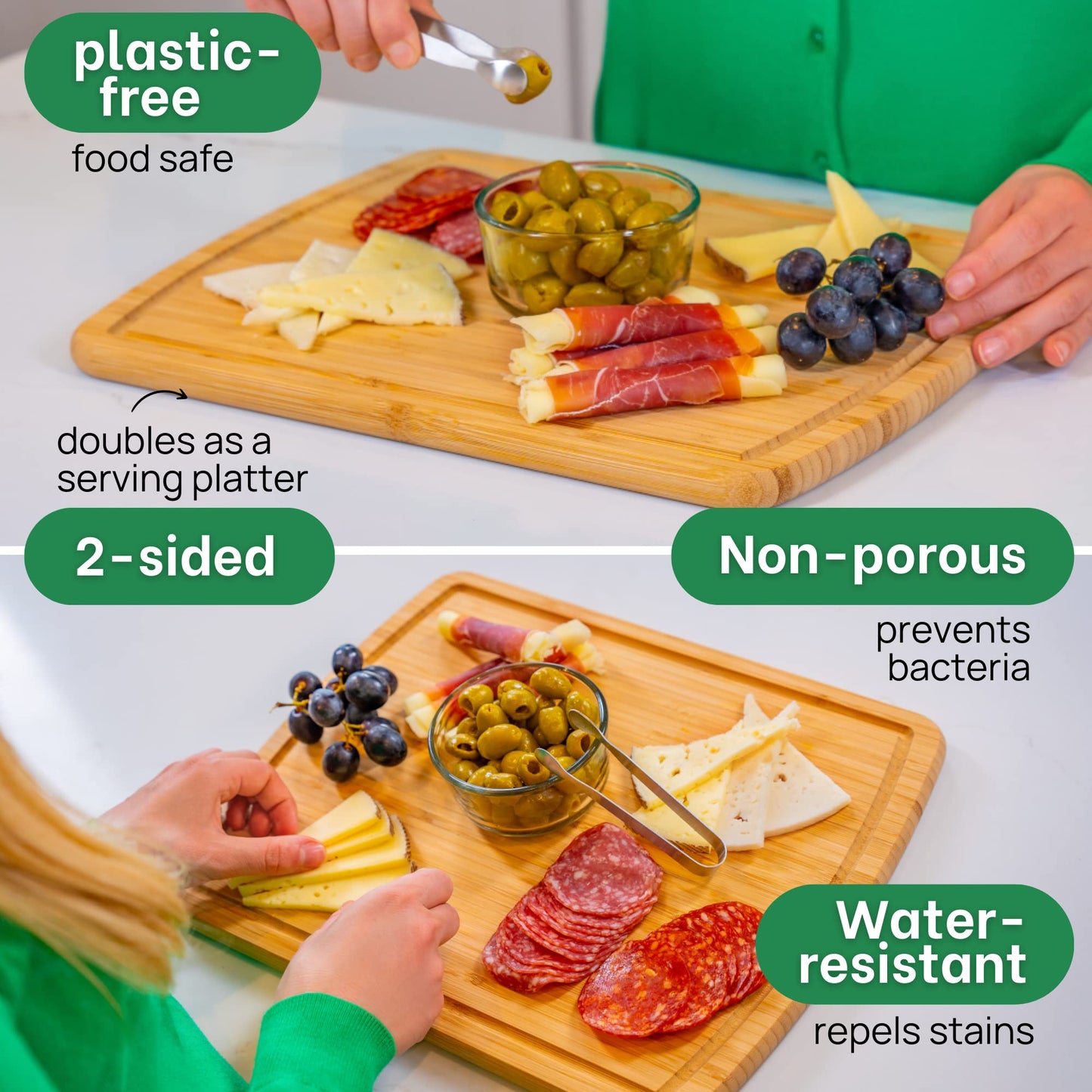Wooden cutting board with food items and text highlighting features like 'plastic-free', 'food safe', '2-sided', 'non-porous', 'water-resistant'.