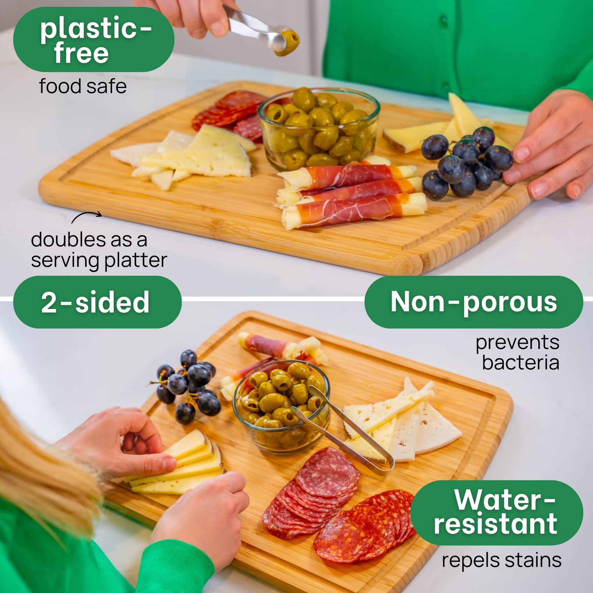Wooden cutting board with food items and text highlighting features like 'plastic-free', 'food safe', '2-sided', 'non-porous', 'water-resistant'.