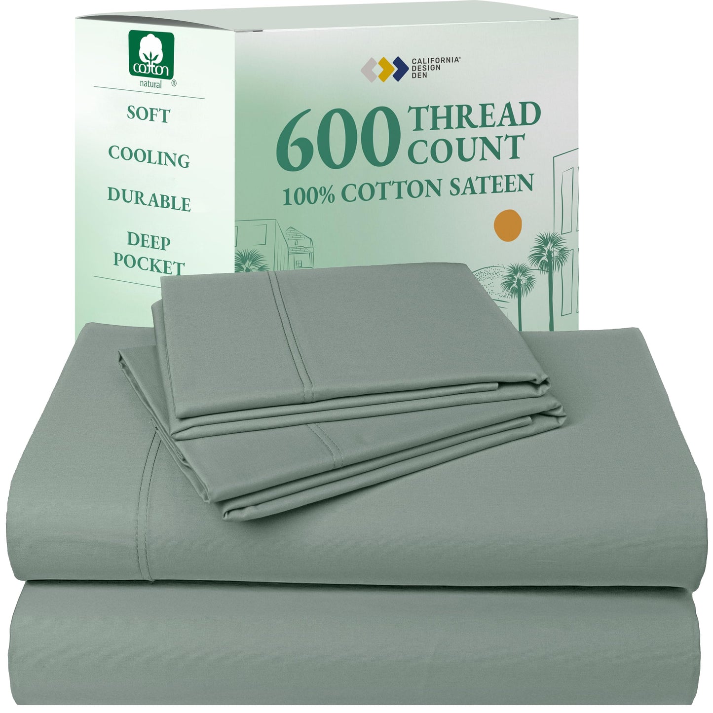 California Design Den 100% Cotton Sateen Sheets: 600 TC Luxury Set