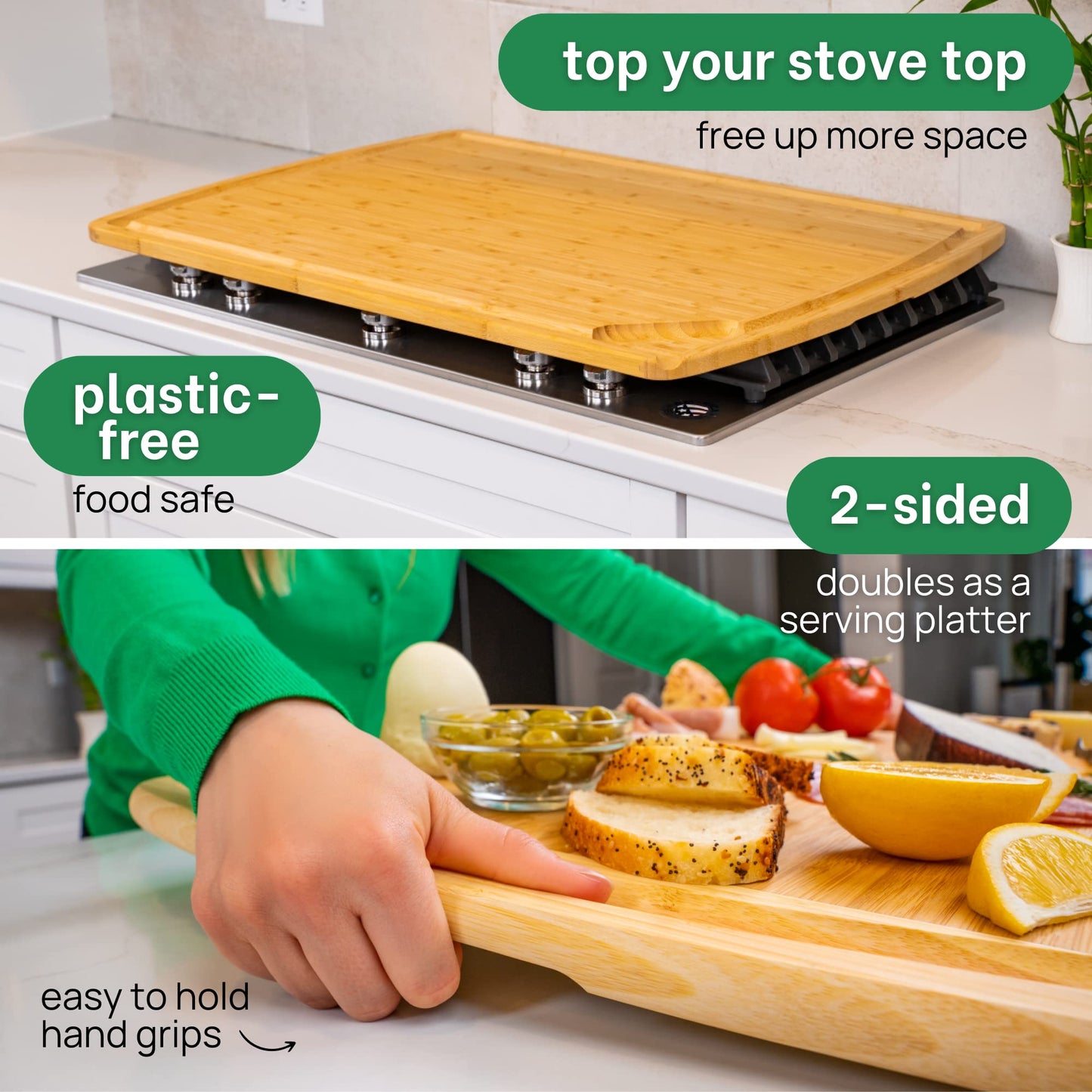Wooden cutting board on a stove top with text highlighting features like 'plastic-free', 'food safe', and '2-sided'.