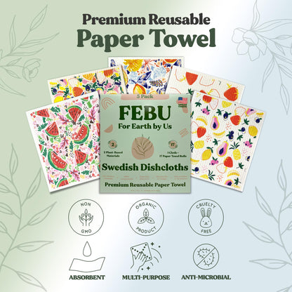 FEBU Swedish Dishcloths – 5 Pack Biodegradable Cotton‑Cellulose Cleaning Cloths