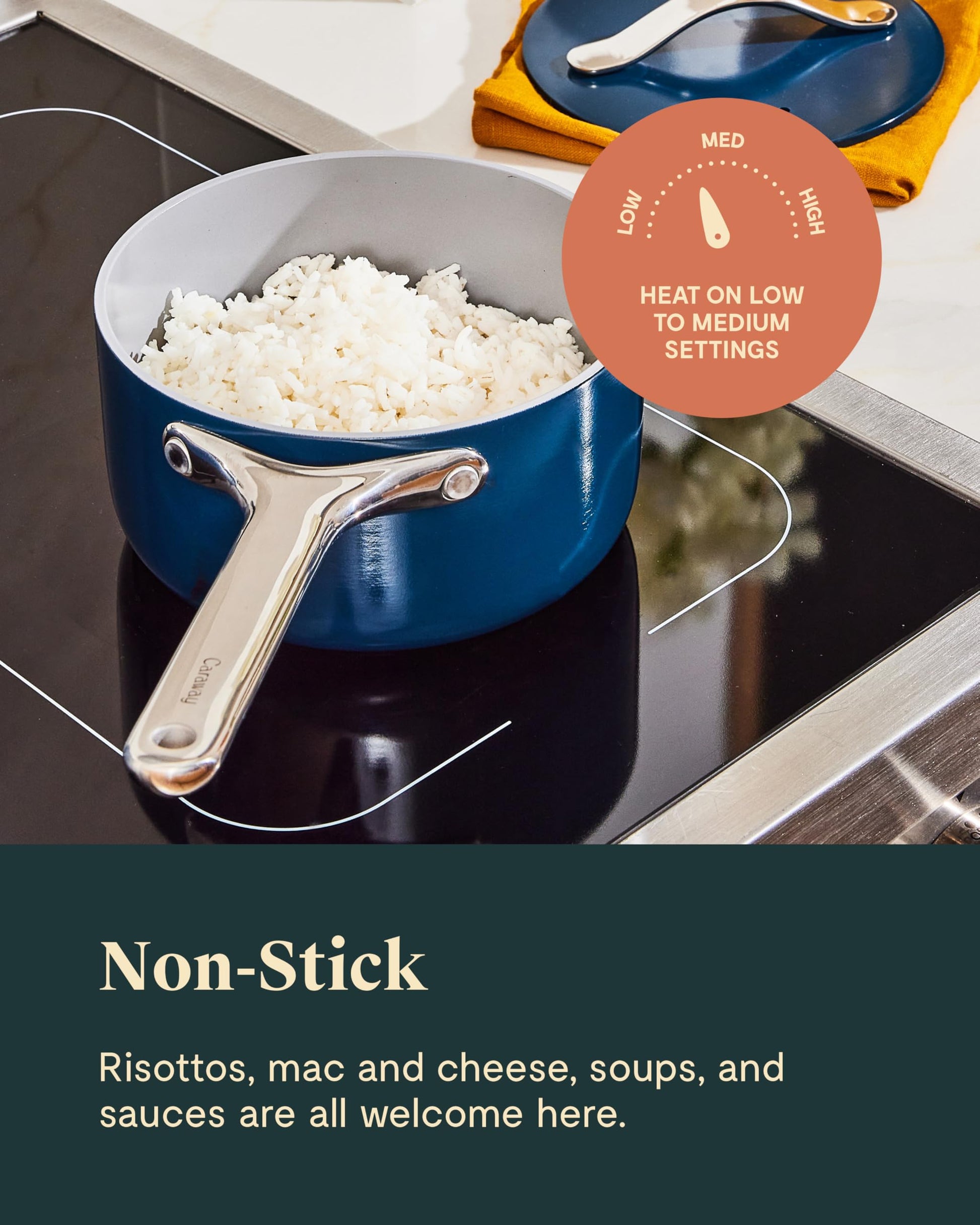 Blue non-stick pot with rice on a stove, with text about heat settings and dish types.