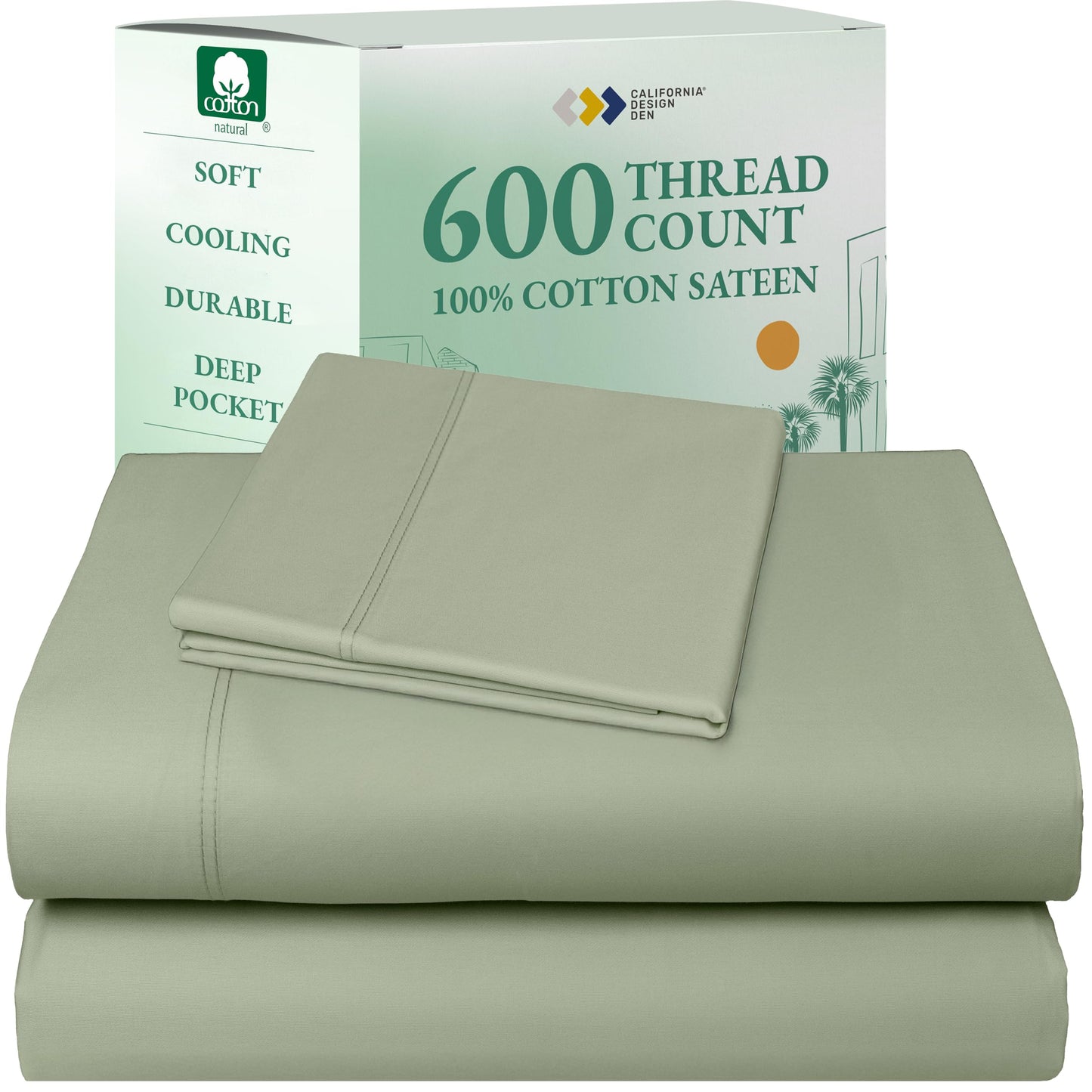 California Design Den 100% Cotton Sateen Sheets: 600 TC Luxury Set