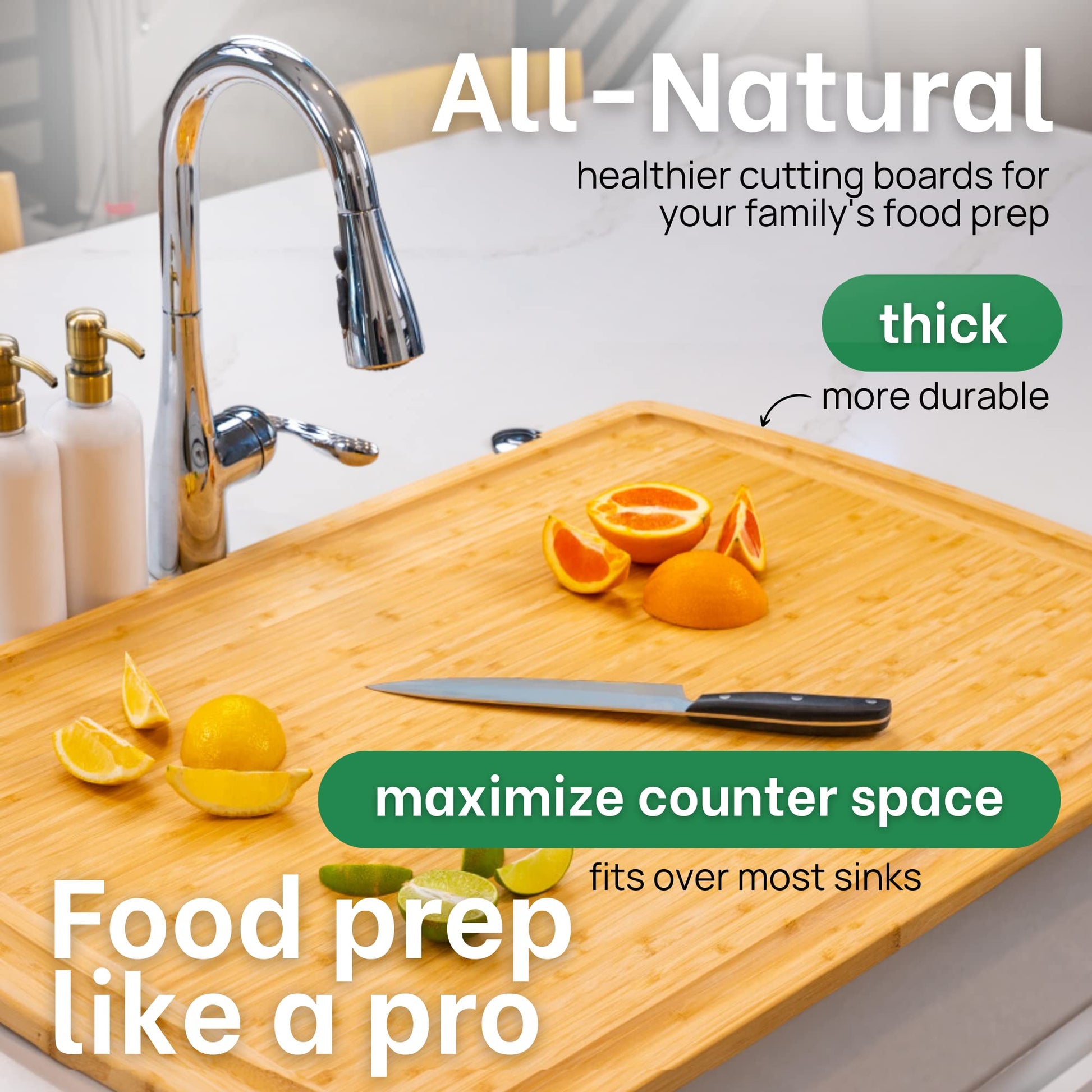Wooden cutting board with oranges, lemons, and a knife on a kitchen counter with text about its benefits.