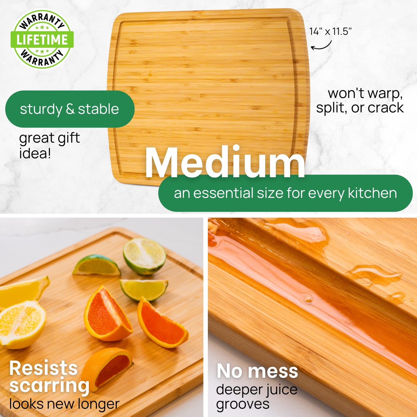 Wooden cutting board with text highlighting features on a white background