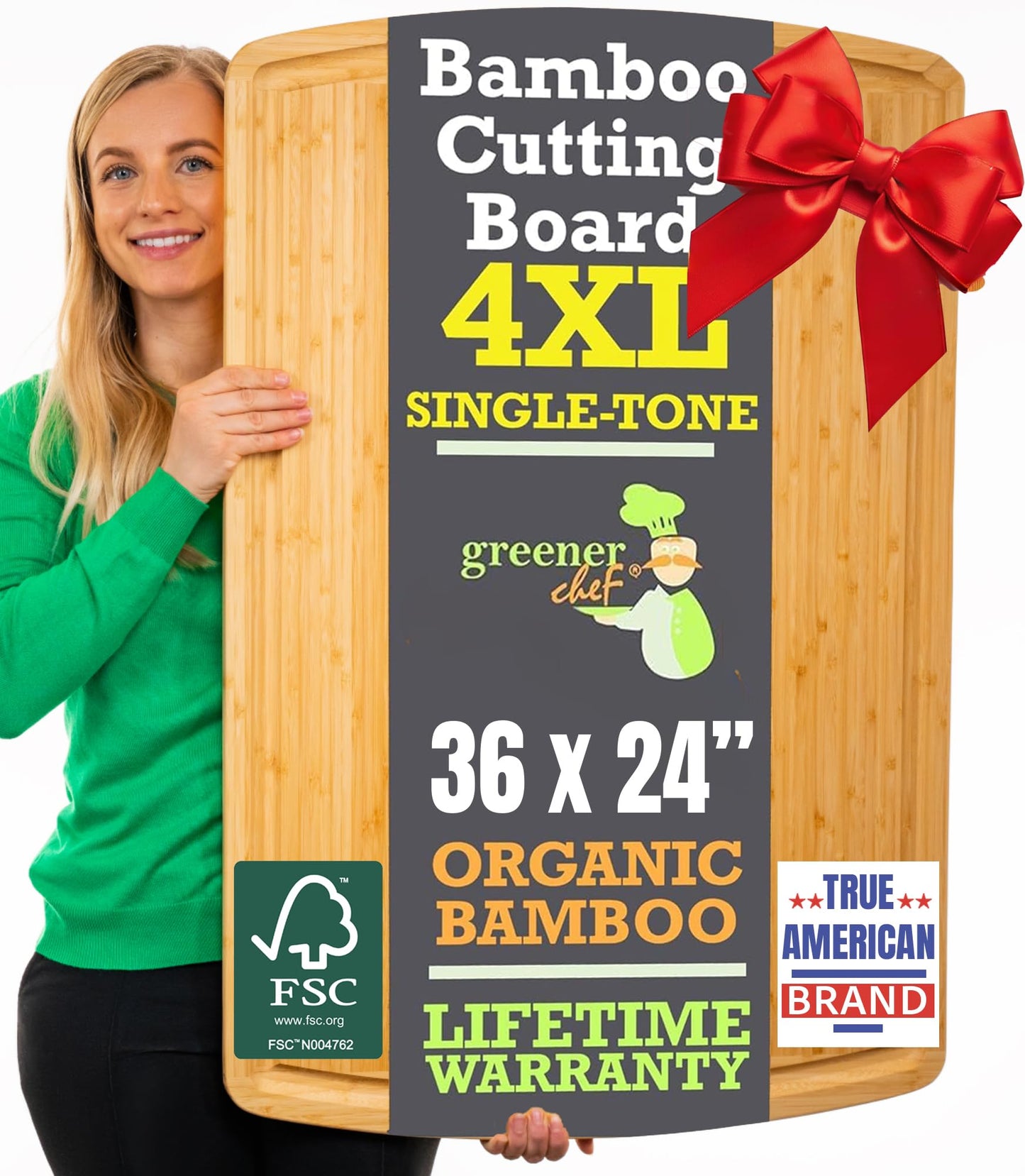 Woman holding a large bamboo cutting board with promotional text and logos.