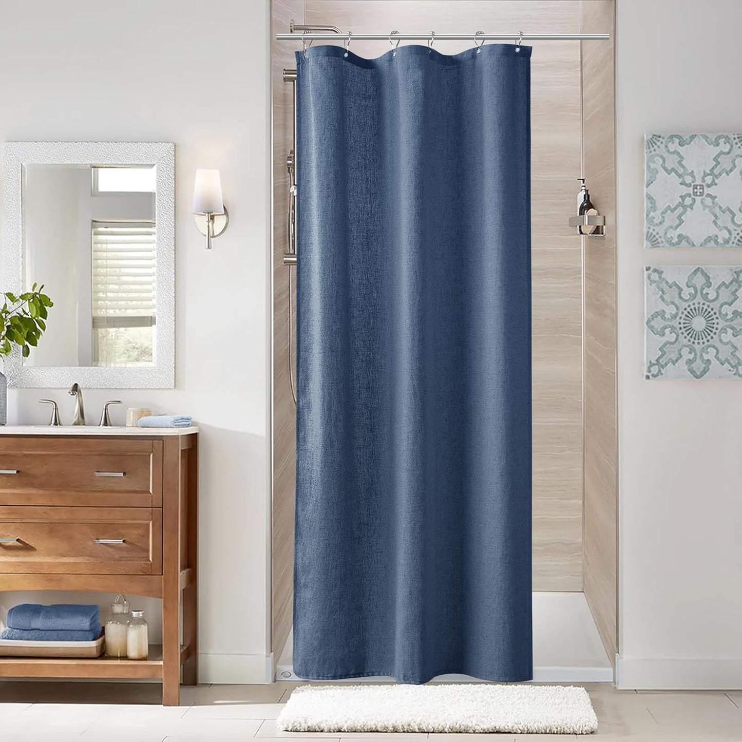 Naturoom Weighted Natural Flax Linen Shower Curtain Set