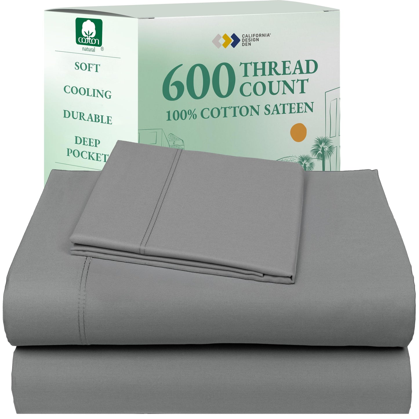 California Design Den 100% Cotton Sateen Sheets: 600 TC Luxury Set