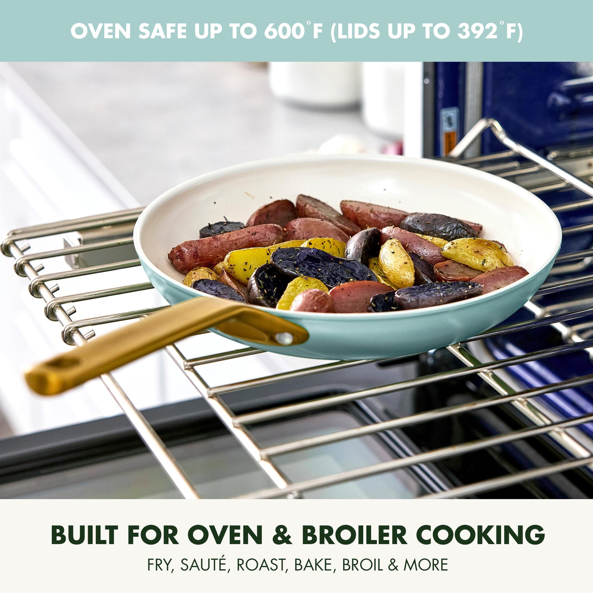 Teal frying pan with vegetables on an oven rack, text about oven safety and uses.