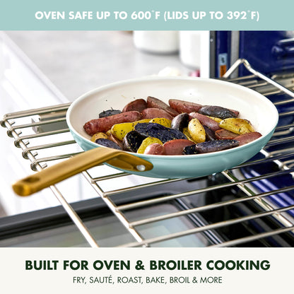 Teal frying pan with vegetables on an oven rack, text about oven safety and uses.