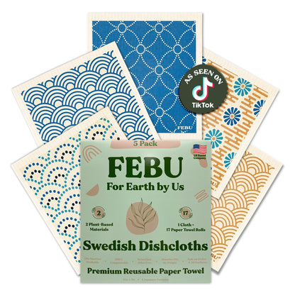 FEBU Swedish Dishcloths – 5 Pack Biodegradable Cotton‑Cellulose Cleaning Cloths
