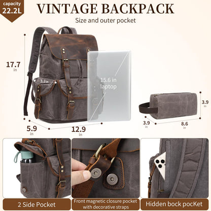 Wogarl Vintage Waxed Canvas & Genuine Crazy Horse Leather Backpack