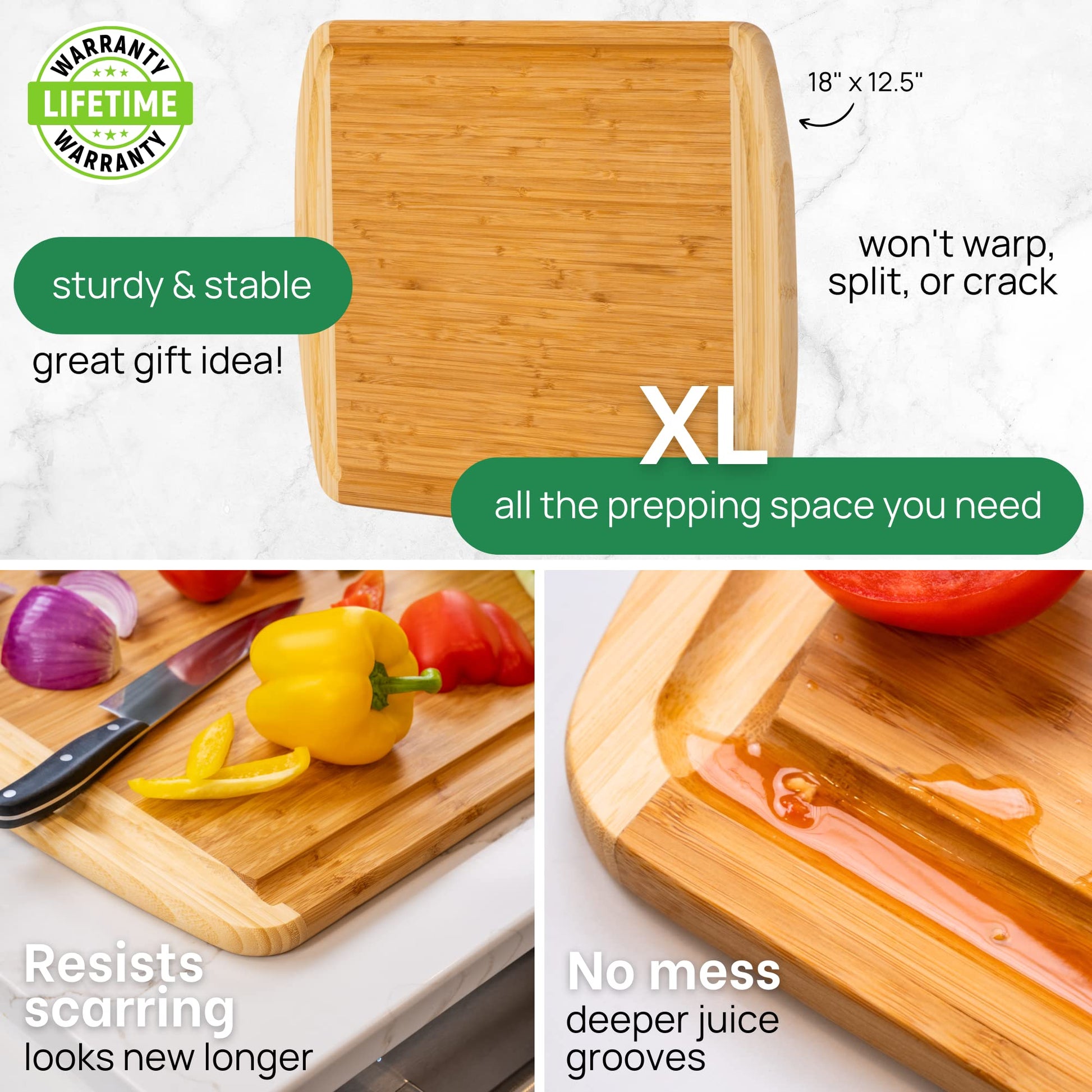 Wooden cutting board with text highlighting features on a white background