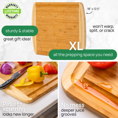Wooden cutting board with text highlighting features on a white background