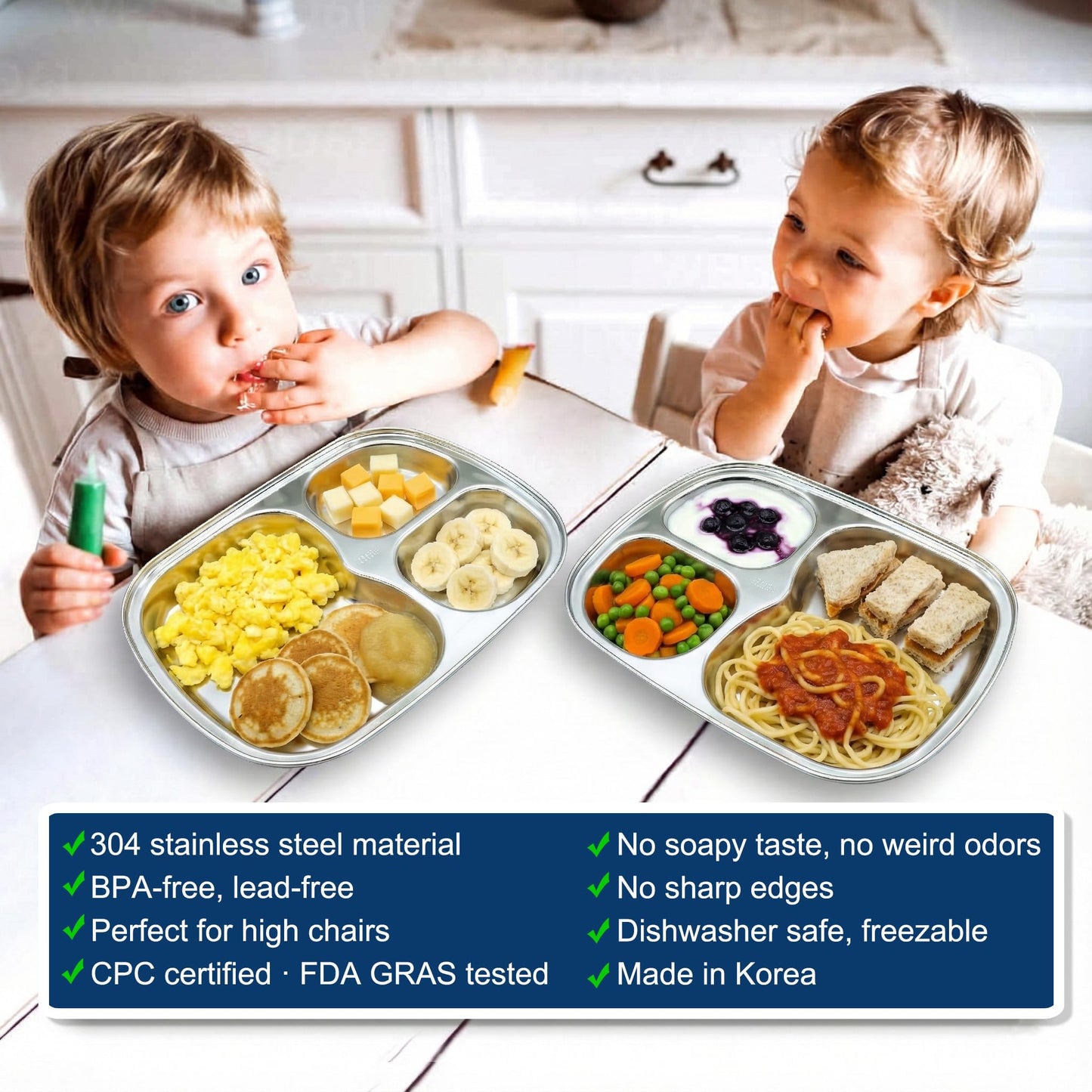 Korean Premium 304 Stainless Steel 5-Compartment Divided Plates (Set of 2)
