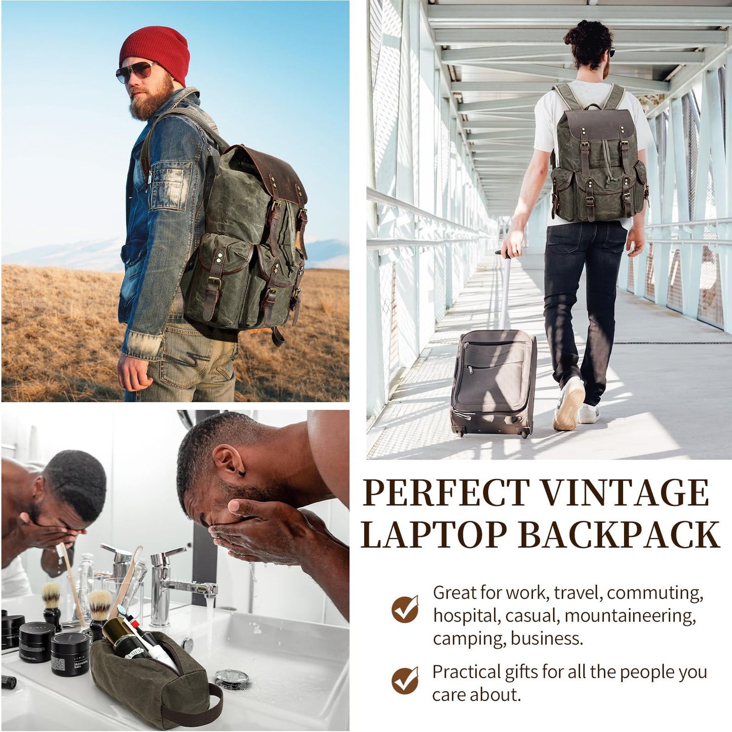 Wogarl Vintage Waxed Canvas & Genuine Crazy Horse Leather Backpack