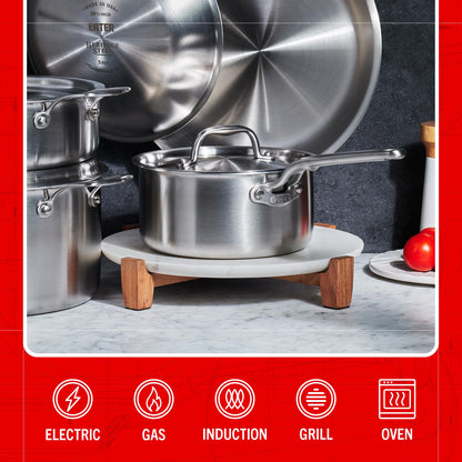 Set of stainless steel cookware on a marble surface with a red accent bar displaying compatibility icons.