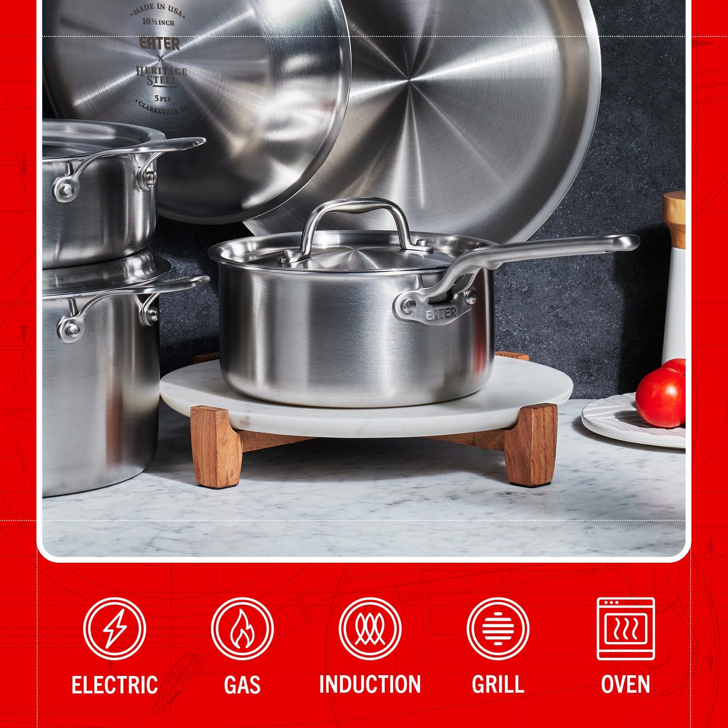 Set of stainless steel cookware on a marble surface with a red accent bar displaying compatibility icons.