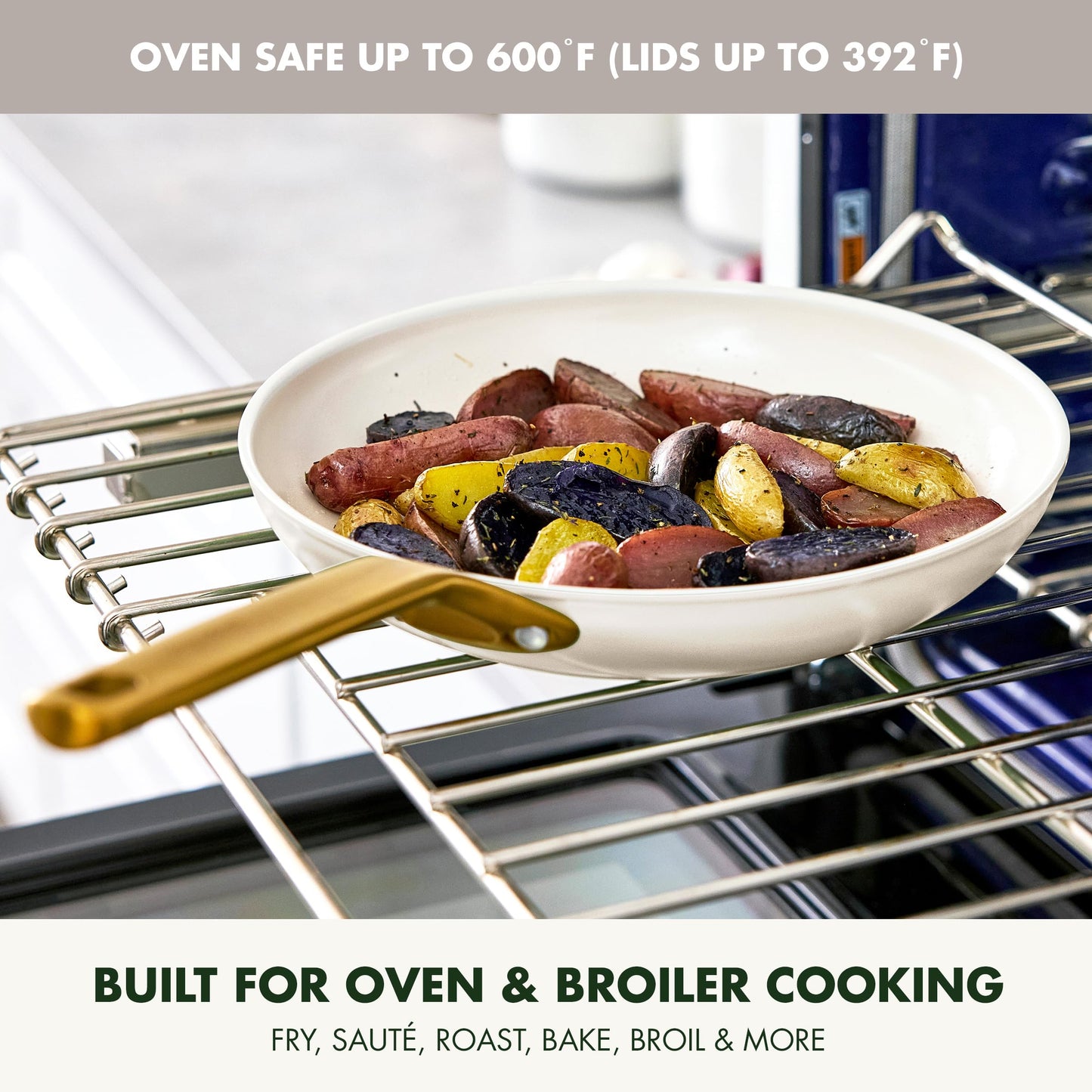 White frying pan with colorful vegetables on a metal oven rack, with text about oven safety and uses.