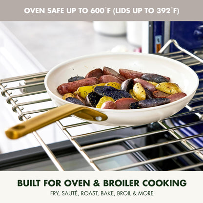 White frying pan with colorful vegetables on a metal oven rack, with text about oven safety and uses.