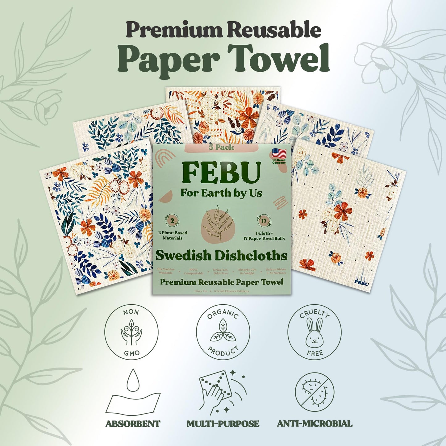 FEBU Swedish Dishcloths – 5 Pack Biodegradable Cotton‑Cellulose Cleaning Cloths