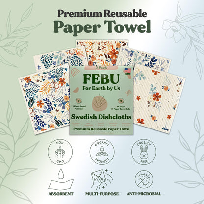 FEBU Swedish Dishcloths – 5 Pack Biodegradable Cotton‑Cellulose Cleaning Cloths