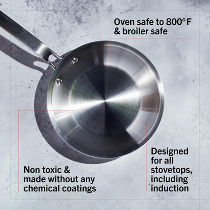 Stainless steel frying pan on a textured gray background with text about its features.