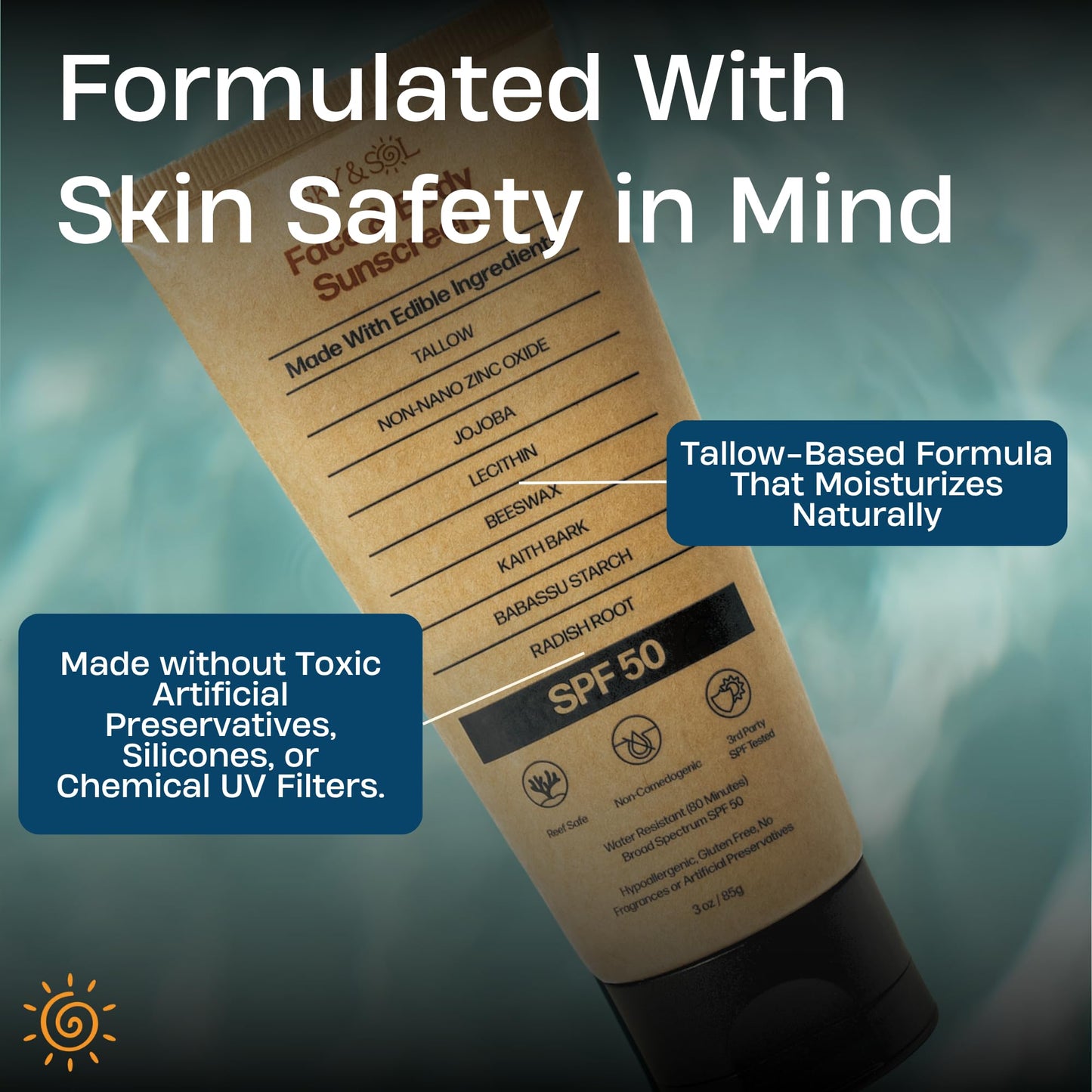 Sky and Sol Natural Mineral Sunscreen SPF 30 3 oz: Natural Tallow & Zinc Oxide, Reef Safe, Water Resistant, Fragrance-Free, Non-Greasy Formula for Face and Body