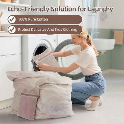 OKAKA 100% Pure Cotton Mesh Laundry Bags with Secure Zippers - Chemical-Free Garment Protection