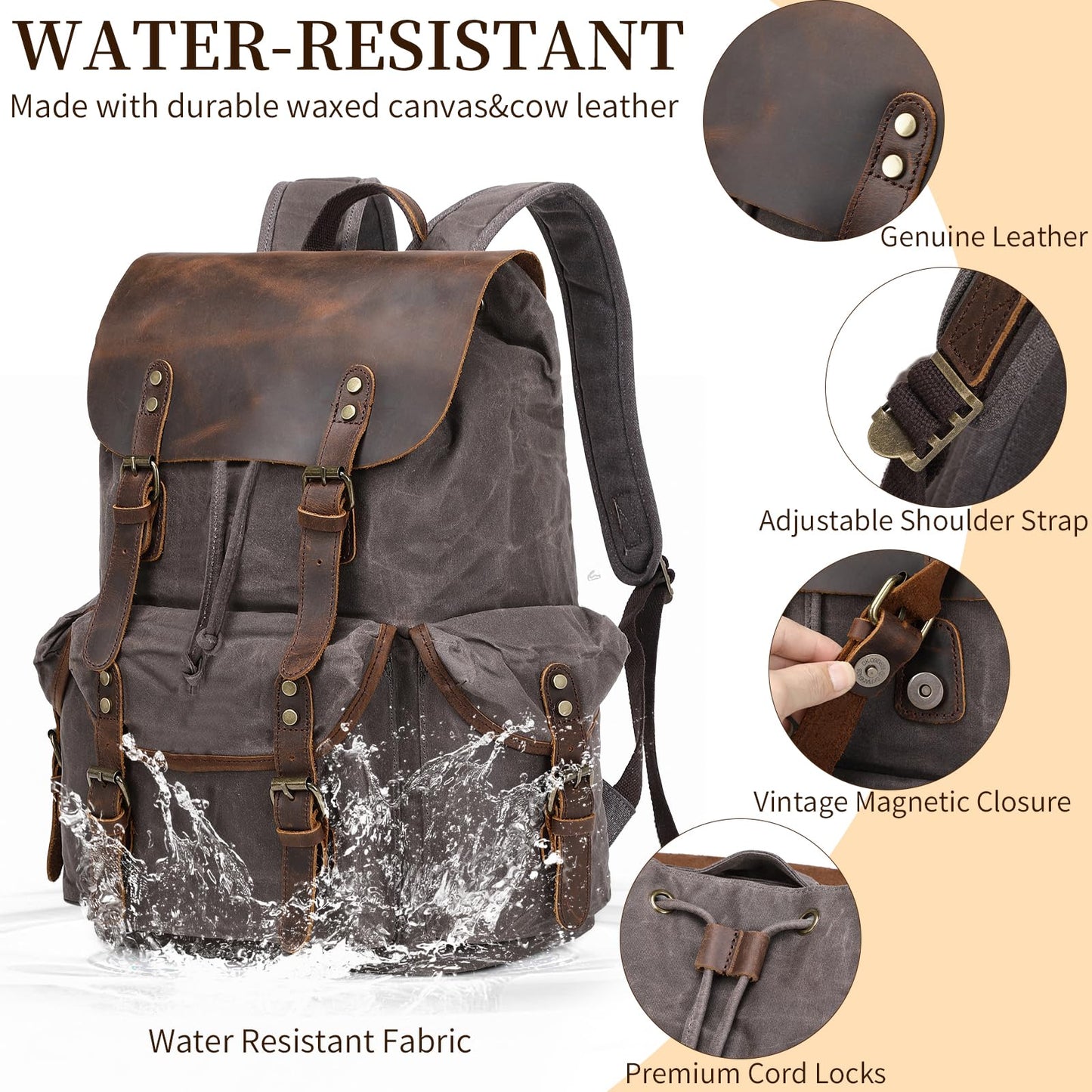 Wogarl Vintage Waxed Canvas & Genuine Crazy Horse Leather Backpack