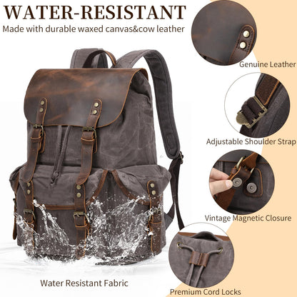 Wogarl Vintage Waxed Canvas & Genuine Crazy Horse Leather Backpack