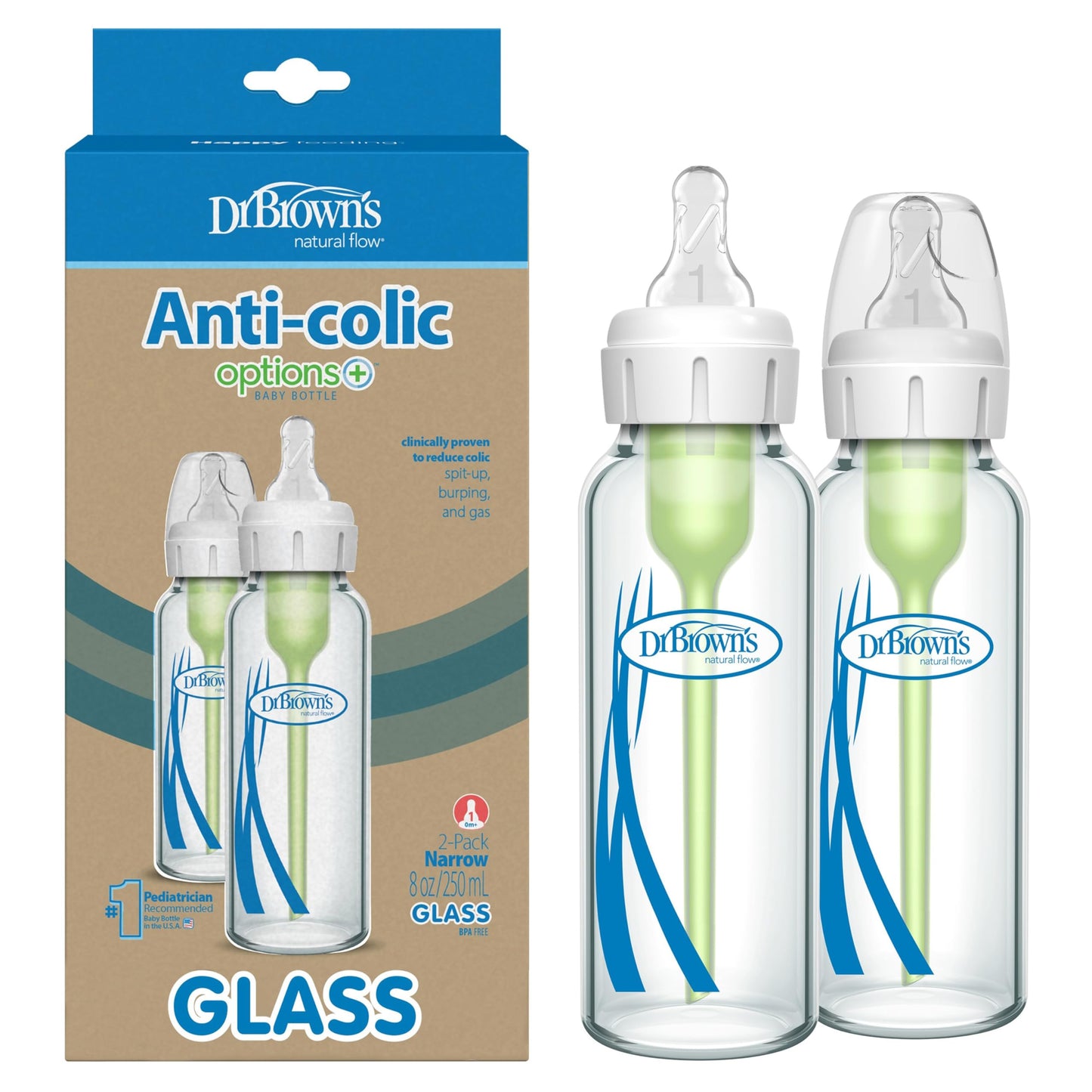 Dr. Brown’s Options+ 4 oz Narrow Borosilicate Glass Baby Bottles (2-Pack)