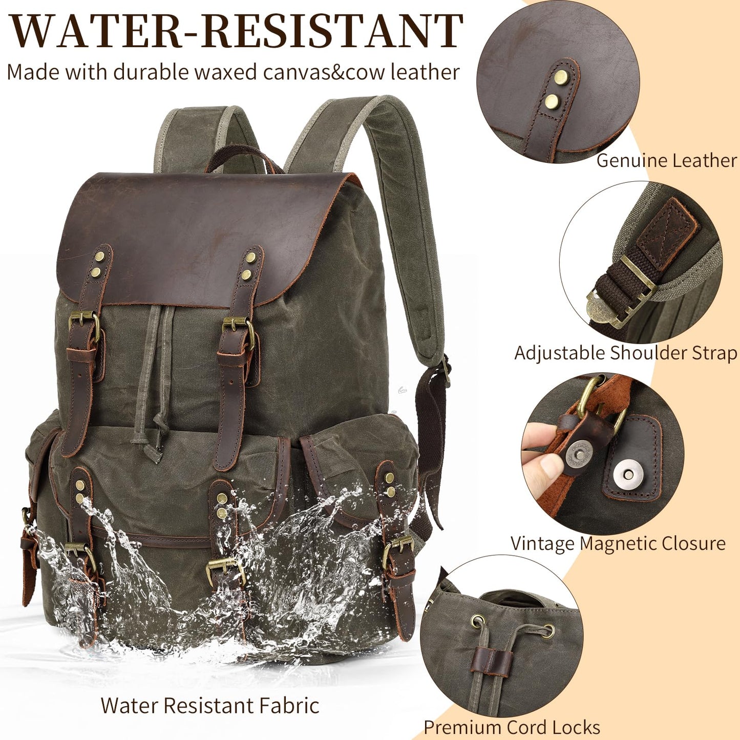 Wogarl Vintage Waxed Canvas & Genuine Crazy Horse Leather Backpack