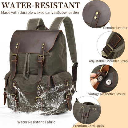 Wogarl Vintage Waxed Canvas & Genuine Crazy Horse Leather Backpack