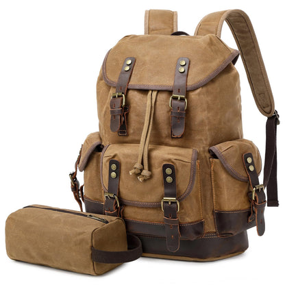 Wogarl Vintage Waxed Canvas & Genuine Crazy Horse Leather Backpack