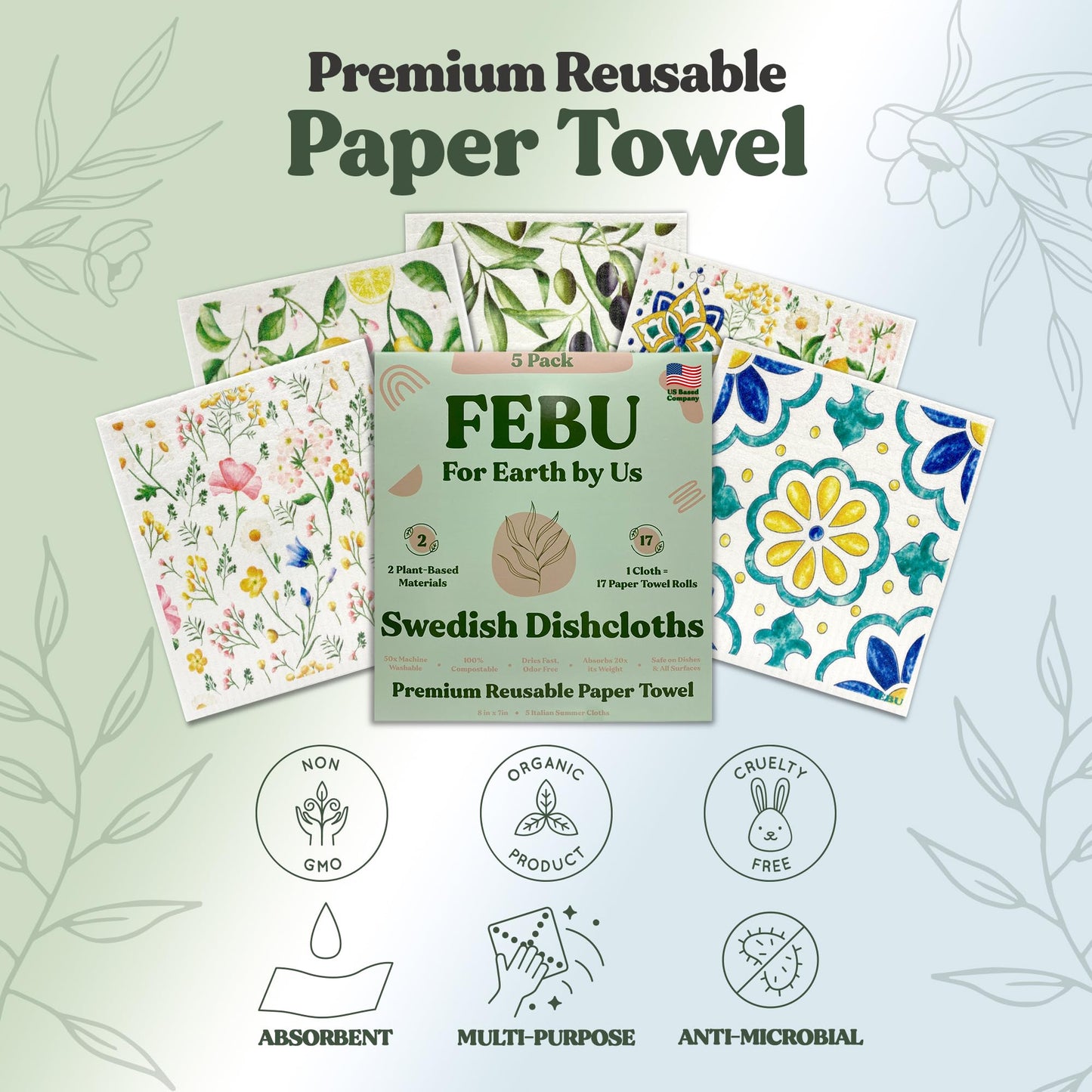 FEBU Swedish Dishcloths – 5 Pack Biodegradable Cotton‑Cellulose Cleaning Cloths