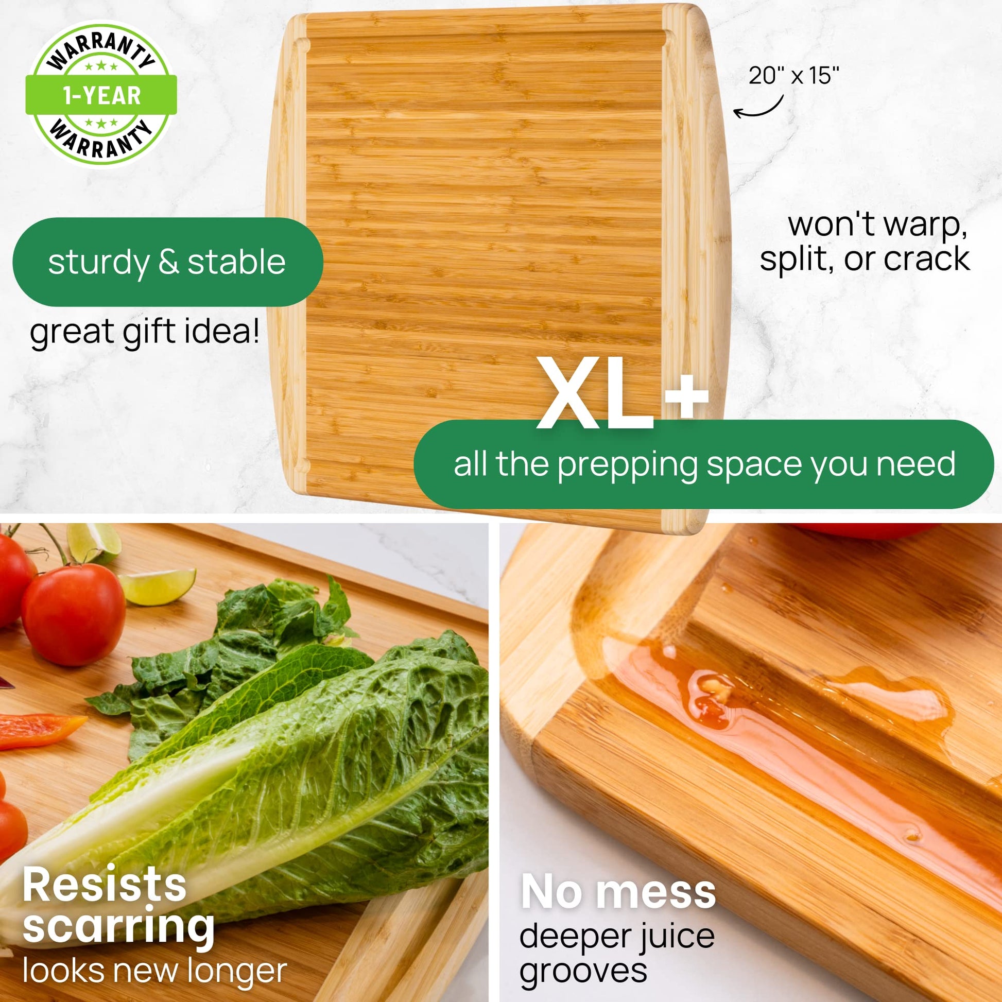 Wooden cutting board with text highlighting features on a white background