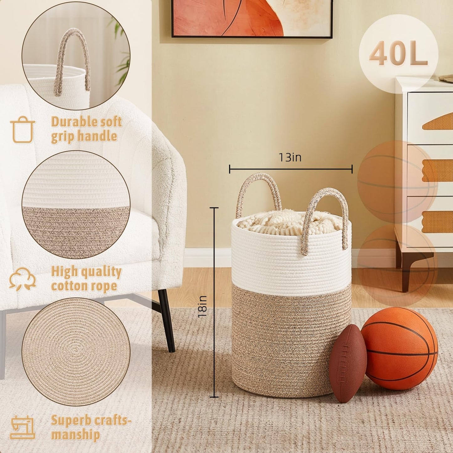 Artfeel 60L Handwoven Natural Cotton Rope Laundry Hamper