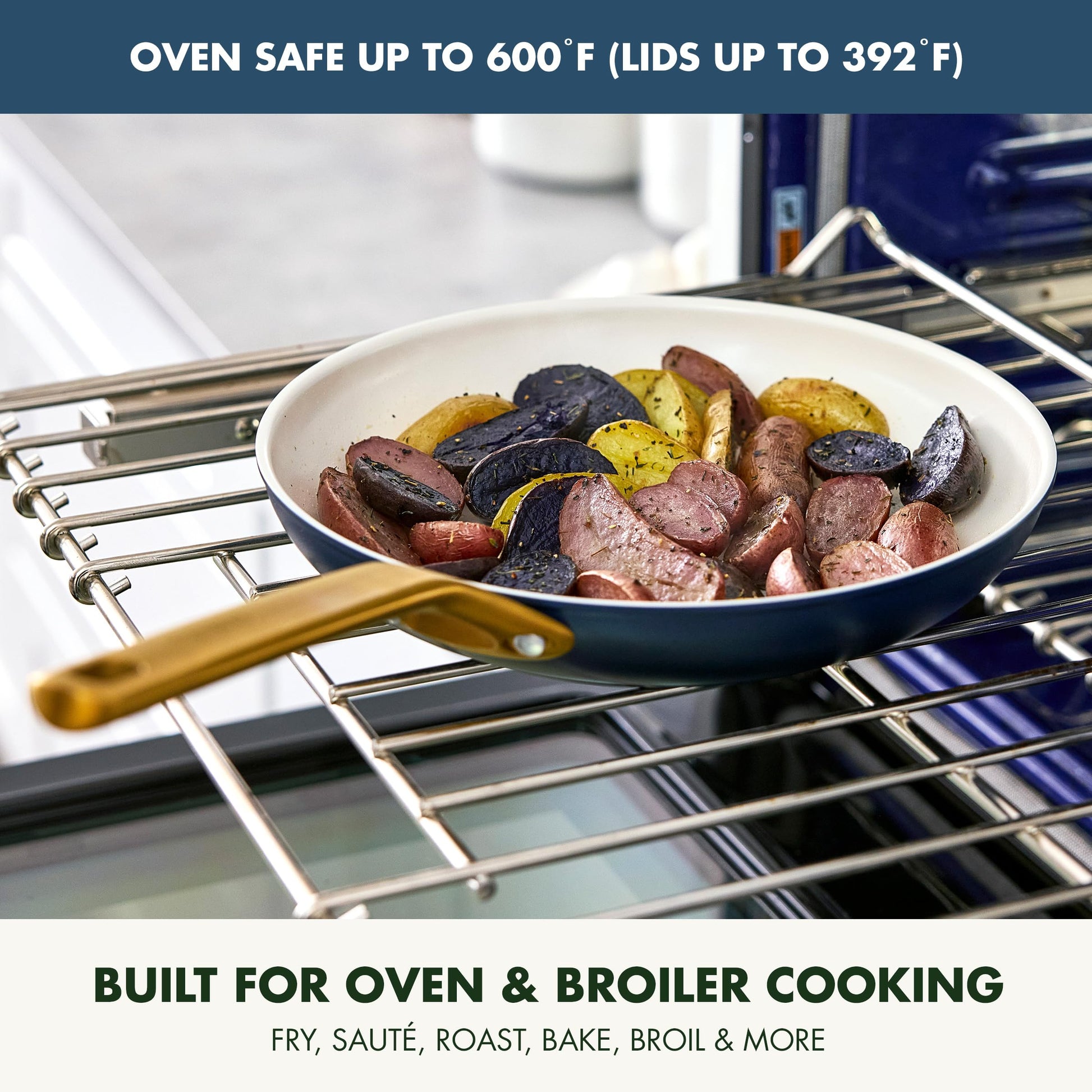 Frying pan with sausages and vegetables on an oven rack, with text about oven safety and cooking capabilities.