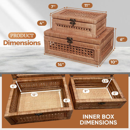 CASALLURA Handcrafted Rattan Storage Box Set with Hinged Lids