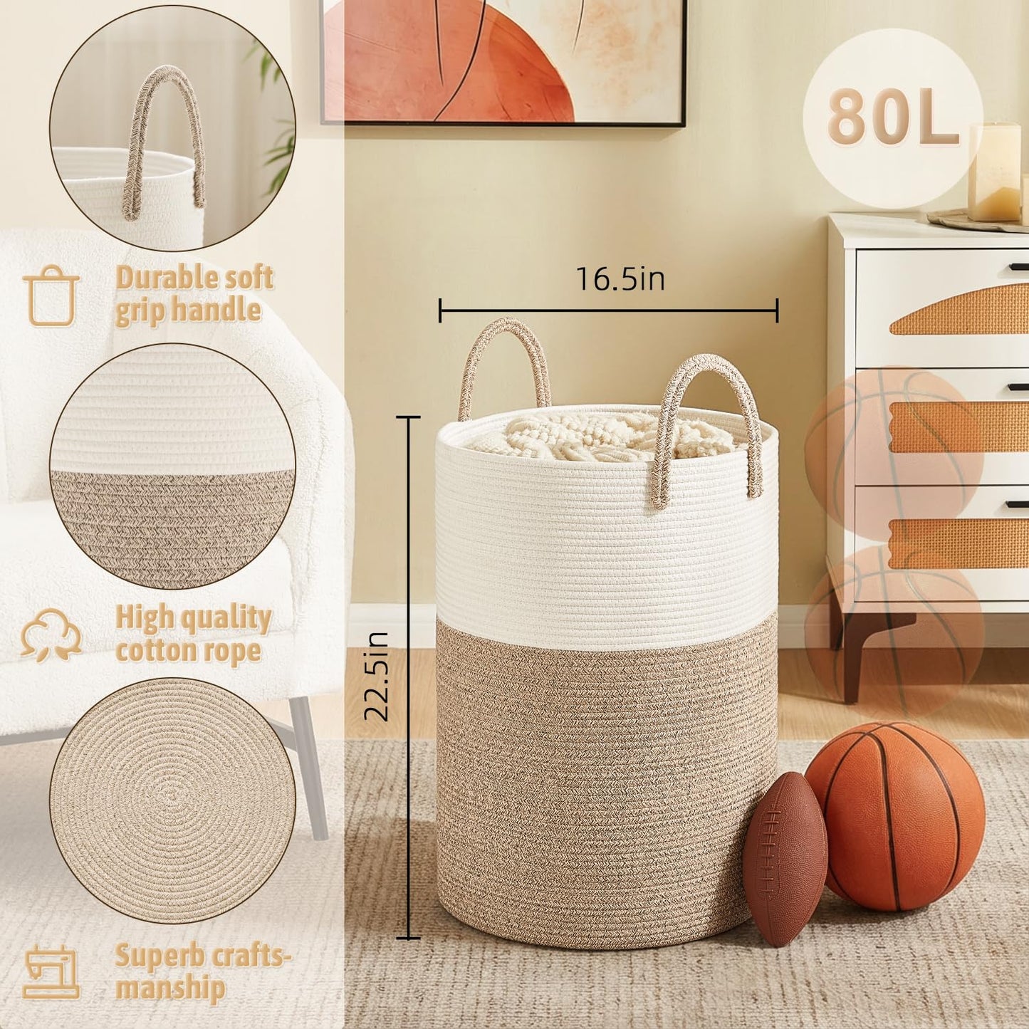 Artfeel 60L Handwoven Natural Cotton Rope Laundry Hamper